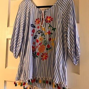 Blue Striped Embroidered Women's Top